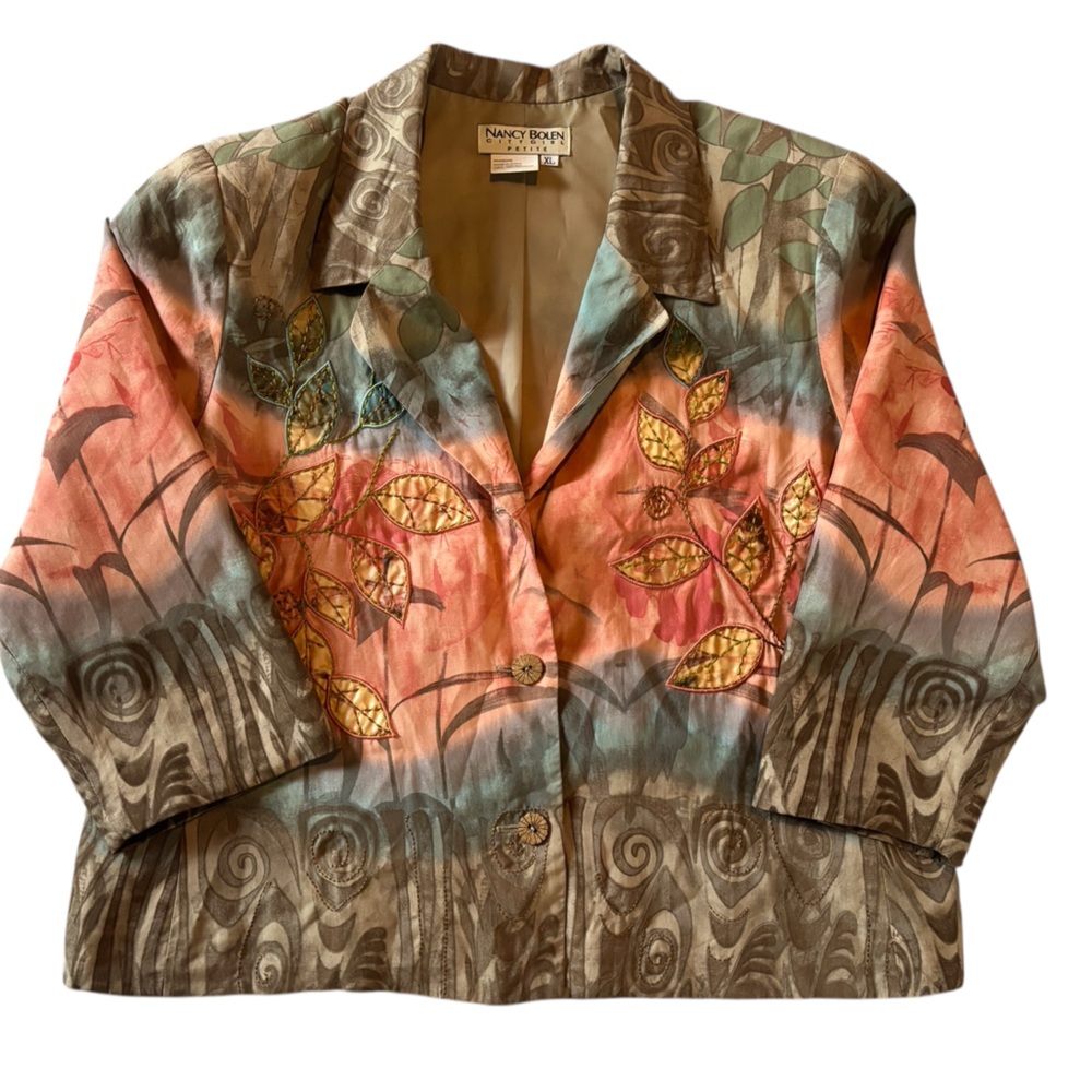 Nancy Bolen Silk Embroidered Jacket Petite XL Y2K Boho Floral Artsy Blazer